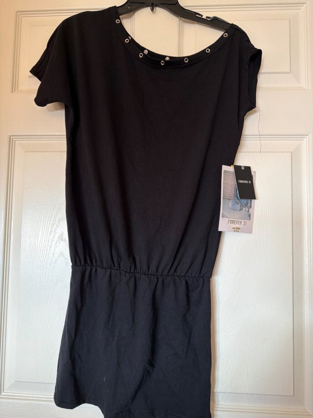 Forever 21 Black Elastic Waist Mini Dress With Eyelet Neckline Size Small